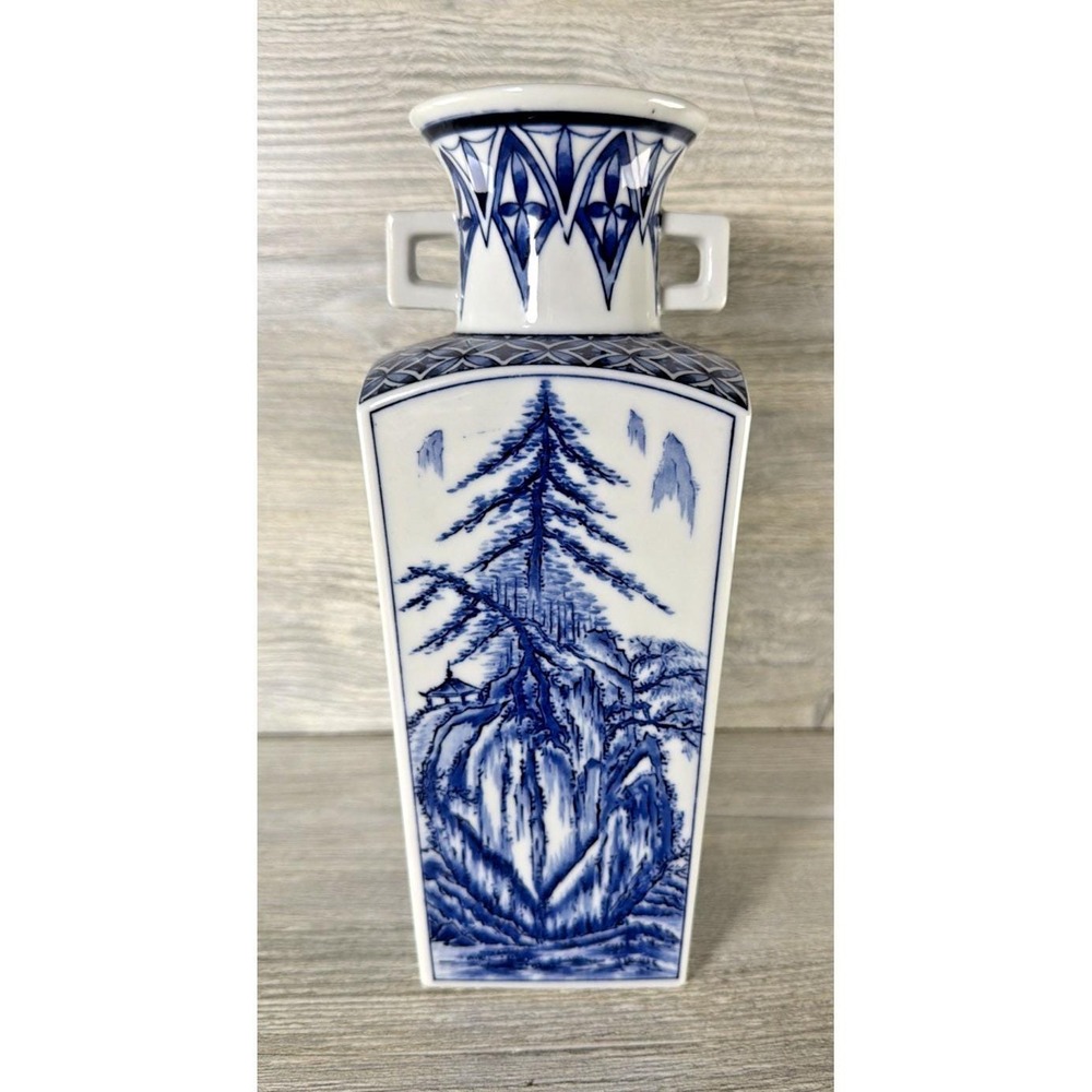 Kozan Square Chinoiserie Blue White Porcelain Vase Hand Painted Asian Motif 9.5"